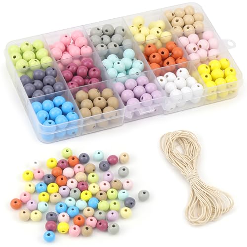 Holzperlen zum Auffädeln 270pcs Holzperlen Bunt 10mm Mit Loch Holzperlen Set Perlen Holz Natur für DIY Schmuckherstellung Armbänder Deko von BAERTMY