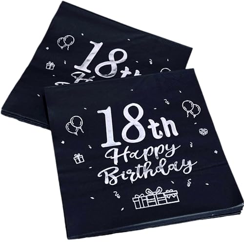 Cocktail-Servietten zum 18. Geburtstag, 40 Stück, schwarz und silber, Happy 18th Birthday, Einweg-Papierservietten für Sie und Ihn, 18. Geburtstag, Party-Dekorationen, 6,5 x 6,5 Happy 18 von BAHELS