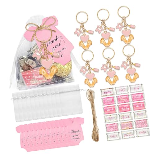 BAHJKASD 6/20pcs Baby Feet Keychains Metall Schlüsselbund Set Mit Wickelaufkleber Kordelstring Tasche Und Danke Etikett Für Babypartys von BAHJKASD