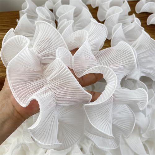 BAICO 9 cm breit, weißer 3D-Plissee-Chiffon-Stoff, Besticktes Fransenband, Spitzenkragen, Rüschenbesatz, Kleider, DIY, Nähen, Dekor von BAICO