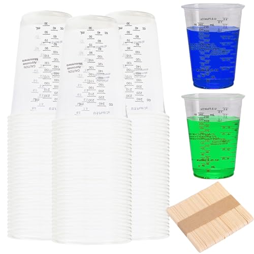 50 Stück Messbecher Epoxidharz, 230 ml Mischbecher Set mit 50 Stück Holzrührstäbchen, Transparent Epoxidharz-Mischbecher, Lackmischbecher für Flüssigkeiten, Mischen von Harz, Farbe, Pigment von BAIFULAI