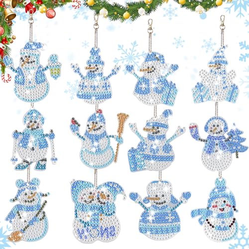 BAIFULAI 12 Stück Diamond Painting Weihnachten Deko, Schneemann Diamant Painting Weihnachten Deko, Weihnachten Diamond Painting Schlüsselanhänger, Diamant Malerei DIY Kit Weihnachtsbaum Deko von BAIFULAI