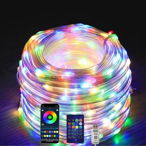 BAIFULAI 20M RGBIC Lichterkette Außen, Bunt Farbwechsel Schlauch,200+ Modi, IP65 Wasserdicht, Fernbedienung & App Steuerung, USB Plug in, mit Timer, Sync Musik, für Garten Baum Trampolin, Party, Heim von BAIFULAI