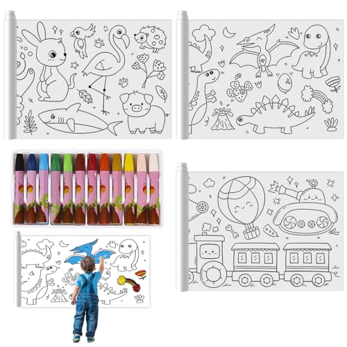 BAIFULAI 3 Rolle Schneidbare Malrolle für Kinder, 30x300cm Zeichnungsrolle mit 12 Farbigen Ölpastellkreident, 3 Stile Papierrolle Malen Kinder, Malrolle für Kinder zum Ausmalen für Jungen und Mädchen von BAIFULAI