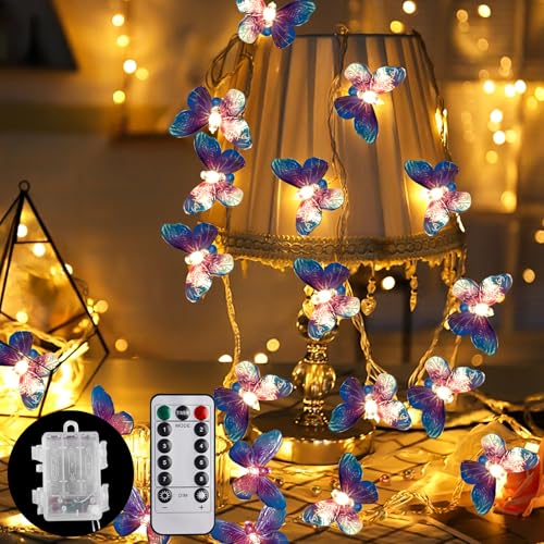 BAIFULAI Schmetterlings Lichterkette, 3M 20 LED Lichterkette Schmetterling mit Fernbedienung, batterie oder USB betriebene Lichter für Zuhause Hochzeit Geburtstag Weihnachten und Saison Dekor von BAIFULAI