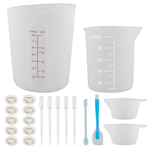 Silikon Messbecher Set, 250 ml und 100 ml Silikon Messbecher, 10 Fingerlinge, 2 Spenderbecher, 1 Rührstab, 1 Silikonbürste, 5 Tropfer für Epoxidharz Gießformen von BAIFULAI