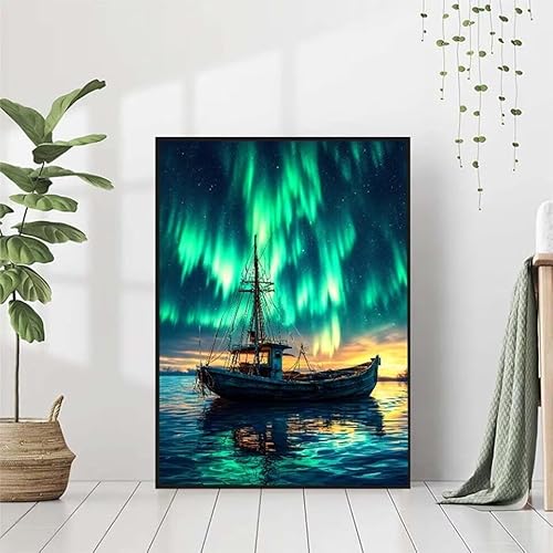 5D Diamond Painting Aurora Diamant Painting Bilder Erwachsene, Boot Diamond Painting Set, Diamond Painting Klein 30x40cm, DIY Runde Full Drill Kristall Cross Stickerei Basteln für Home Wall Decor 6-6 von BAIYAACO