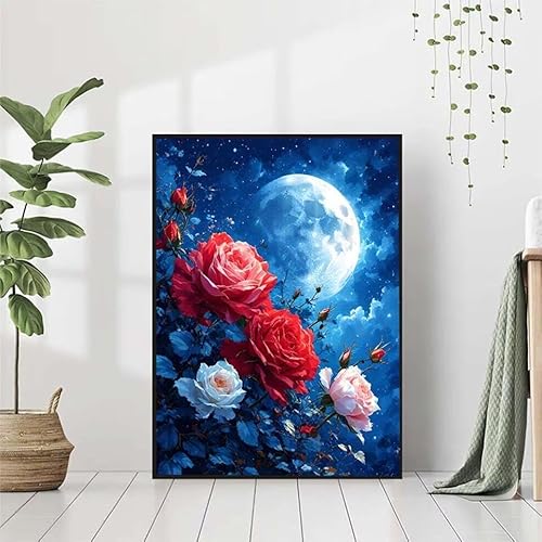 5D Diamond Painting Blume Diamant Painting Bilder Erwachsene, Mond Diamond Painting Set, Diamond Painting Klein 80x110cm, DIY Runde Full Drill Kristall Cross Stickerei Basteln für Home Wall Decor E-3 von BAIYAACO