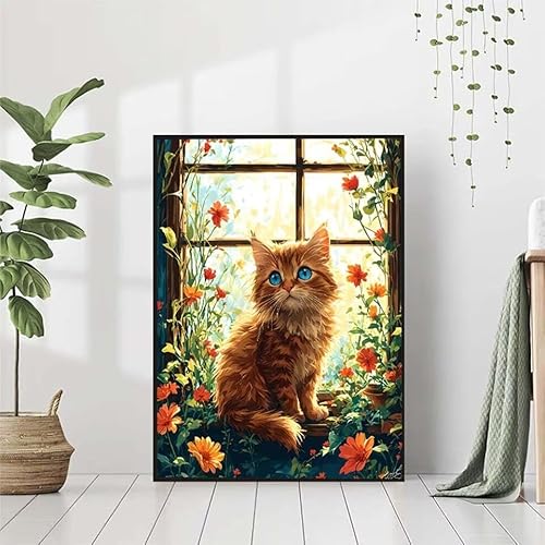 5D Diamond Painting Katze Diamant Painting Bilder, Blume Diamond Painting Erwachsene Kinder DIY 5D Runde Kristall Diamond Art Stickerei Painting Basteln Set, Wohnzimmer Schlafzimmer Wanddeko 50x70cm von BAIYAACO