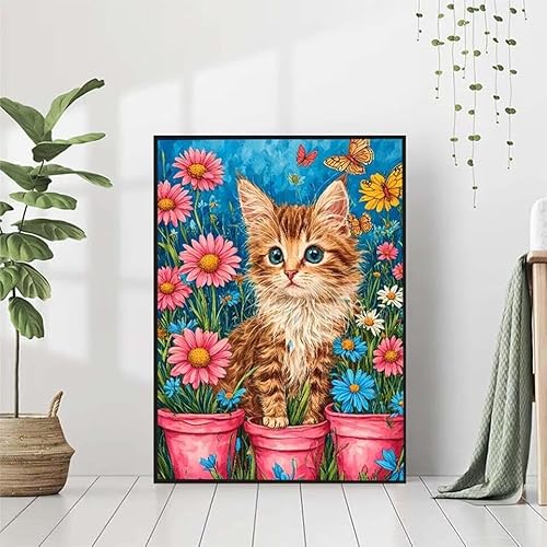 5D Diamond Painting Katze Diamant Painting Bilder Erwachsene, Blume Diamond Painting Set, Diamond Painting Klein 80x110cm, DIY Runde Full Drill Kristall Cross Stickerei Basteln für Home Wall Decor 2-0 von BAIYAACO