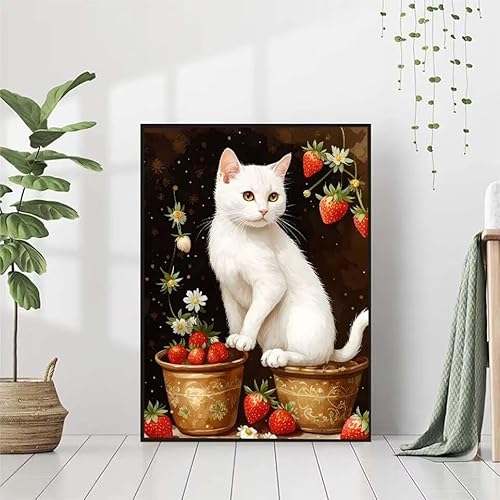 5D Diamond Painting Katze Diamant Painting Bilder Erwachsene, Erdbeere Diamond Painting Set, Diamond Painting Klein 80x110cm, DIY Runde Full Drill Cross Stickerei Basteln für Home Room Wall Decor F-8 von BAIYAACO