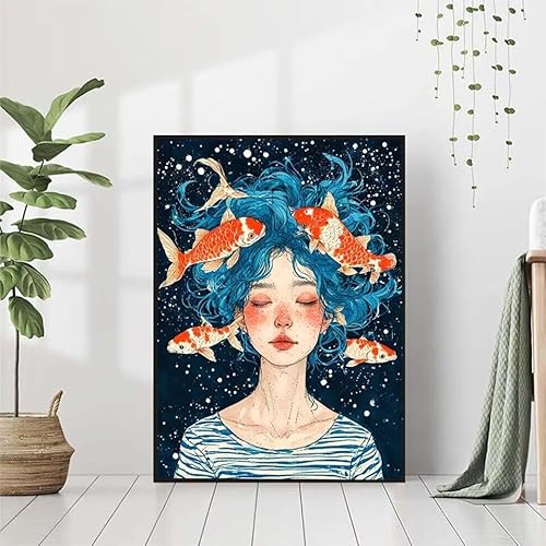 5D Diamond Painting MäDchen Diamant Painting Bilder Erwachsene, Fisch Diamond Painting Set, Diamond Painting Klein 80x110cm, DIY Runde Full Drill Cross Stickerei Basteln für Home Room Wall Decor Y-O von BAIYAACO