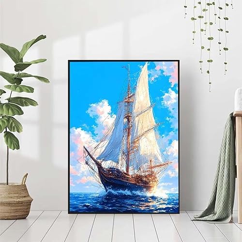 5D Diamond Painting Meer Diamant Painting Bilder, Boot Diamond Painting Erwachsene Kinder DIY Runde Kristall Diamond Art Stickerei Painting Basteln Set, Wohnzimmer Schlafzimmer Wanddeko 80x110cm 0-0 von BAIYAACO