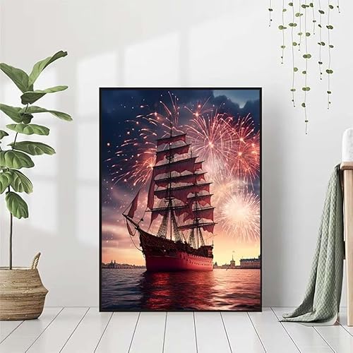 5D Diamond Painting Meer Diamant Painting Bilder Erwachsene, Boot Diamond Painting Set, Diamond Painting Klein 80x110cm, DIY Runde Full Drill Cross Stickerei Basteln für Home Wall Decor Geschenk I-9 von BAIYAACO