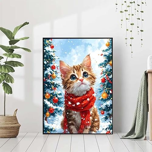 5D Diamond Painting Winter Diamant Painting Bilder, Katze Diamond Painting Erwachsene Kinder DIY 5D Runde Kristall Diamond Art Stickerei Painting Basteln Set, Wohnzimmer Schlafzimmer Wanddeko 50x70cm von BAIYAACO