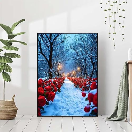 5D Diamond Painting Winter Diamant Painting Bilder Erwachsene, Rose Diamond Painting Set, Diamond Painting Klein 50x70cm, DIY Runde Full Drill Kristall Cross Stickerei Basteln für Home Room Wall Decor von BAIYAACO