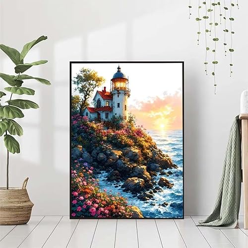 Diamond Painting Blume Diamant Painting Bilder, Leuchtturm Diamond Painting Erwachsene Kinder DIY Runde Kristall Diamond Art Stickerei Painting Basteln, Wohnzimmer Schlafzimmer Wanddeko 80x110cm T-3 von BAIYAACO