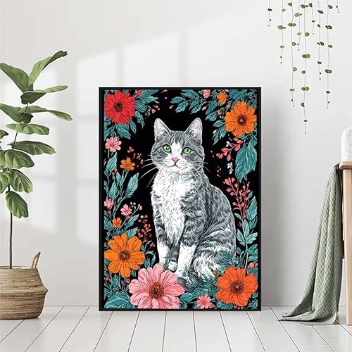 Diamond Painting Blume Diamant Painting Bilder Set, Diamond Painting Katze Diamond Painting Erwachsene DIY Runde Strass Cross Stickerei Diamond-Painting Basteln Wandzimmer Deko Geschenk 80x100cm 6-7 von BAIYAACO