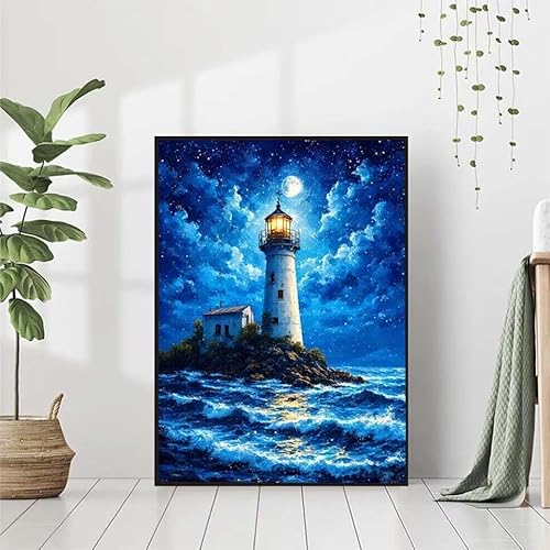 Diamond Painting Leuchtturm Diamant Painting Bilder Set, 5D Diamond Painting Meer Diamond Painting Erwachsene DIY Runde Strass Cross Stickerei Diamond-Painting Basteln für Wandzimmer Deko 50x70cm von BAIYAACO