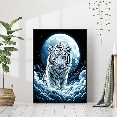 Diamond Painting Tiger Diamant Painting Bilder Set, 5D Diamond Painting Mond Diamond Painting Erwachsene DIY Runde Kristall Strass Cross Stickerei Diamond-Painting Basteln, Wandzimmer Deko 30x40cm 5-5 von BAIYAACO