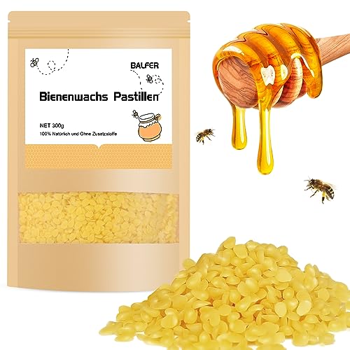 BALFER 100% Reine Bienenwachs Pastillen 300g, für Kosmetik, Kerzen, Cremes, Salben, Seifen, Bienenwachstücher, Kerzenherstellung und Leder-/Holzpflege, Granulat Gelb von BALFER