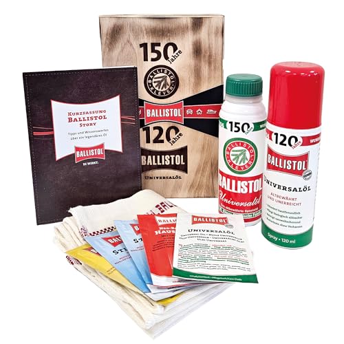 BALLISTOL 21045 Jubiläumsholzbox limitiert, 150 ml Universalöl und 120 ml Spray, 9 tlg Geschenk-Set, vintage Retro-Version von BALLISTOL