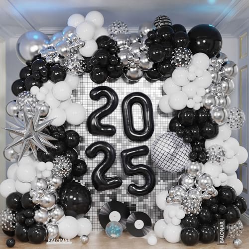 2025 Neujahrs-Discokugel-Luftballons, Girlande, Bögen, Set, Abenddekoration, Happy New Year 2025, silber-weiß-schwarze Luftballons für Disco-Party-Dekorationen 2025, Schwarz und Silber von BALONAR