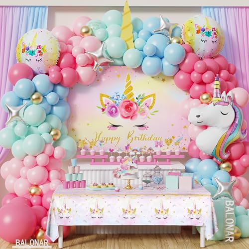 Einhorn Geburtstag Dekorationen Mädchen Prinzessin Geburtstag Party Supplies Einhorn Ballon Bogen Kit Hintergrund Tischdecke Folienballon für Mädchen Einhorn Thme Geburtstag Party von BALONAR