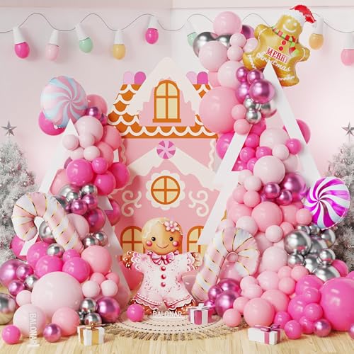 Lebkuchen-Weihnachtsballon-Girlande, Bogen-Set mit 150 rosa silberfarbenen Latex-Luftballons, Zuckerstange, Süßigkeiten-Folienballons für Weihnachten, Neujahr, Lebkuchenhaus, Mädchen, von BALONAR