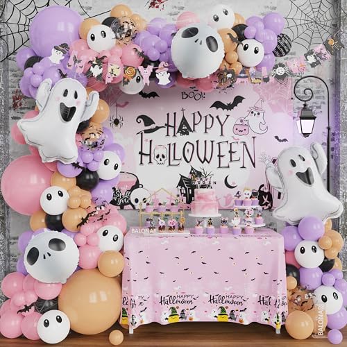 Rosa Schwarz Lila Halloween Geburtstag Party Dekorationen Happy Halloween Banner Kuchen Topper Hintergrund Tischdecke Skelett Mylar Ballons für Mädchen Gruseliger Geburtstag BOO Day Party Supplies von BALONAR