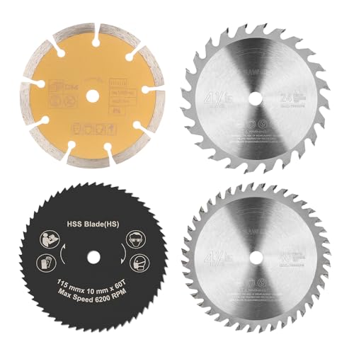 BALUGAEA Kreissägeblätt 115mm, Mini Kreissäge 4 Stück(24 Zähne 48 Zähne TCT, 60Zähne HSS,Diamant Sägeblatt) Innendurchmesser 10mm zum Schneiden von Holz, Weichem Metall und Fliesen von BALUGAEA