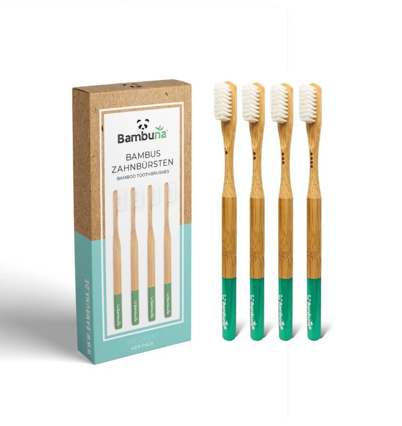 Bambuna® Nachhaltige Zahnbürsten Aus Bambus [4Er Set] | Mittelweich - 100% Bpa-Frei Veganes & Umweltfreundliches Zahnbürstenset von BAMBUNAde