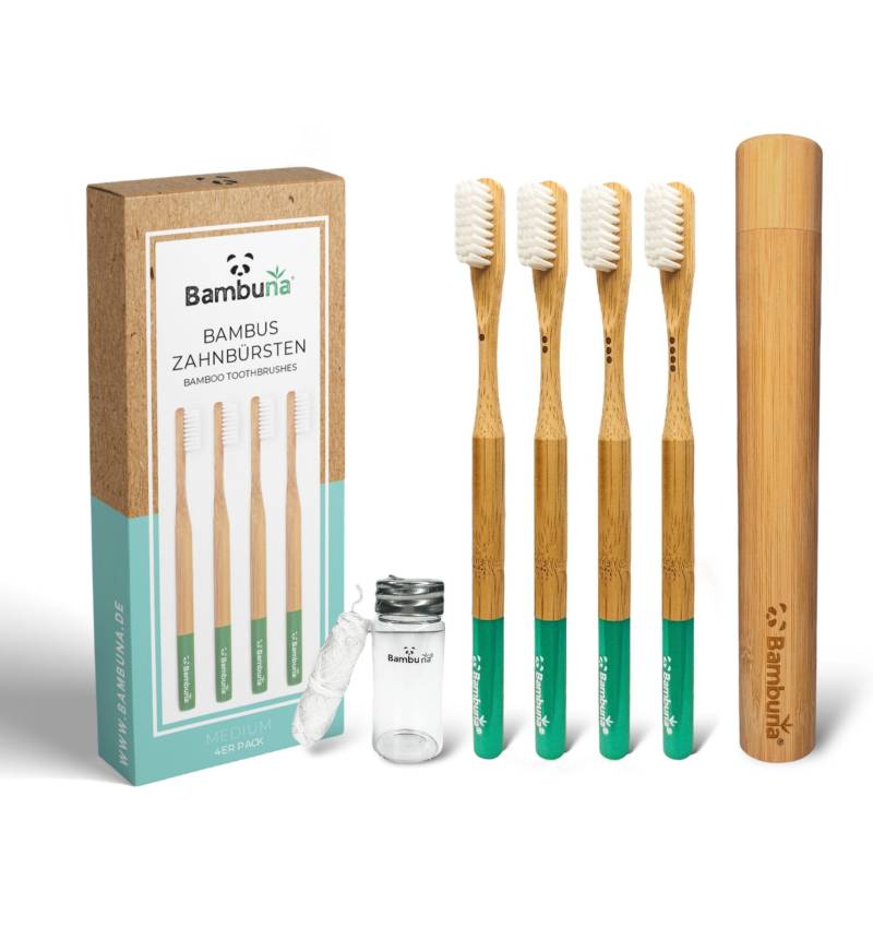 Bambuna Bambus Zahnbürsten Set 4-Teilig - Zahnbürste Plastikfrei Mit Mittelweichen Borsten Reisezahnbürsten Etui Aus Dental Floss von BAMBUNAde