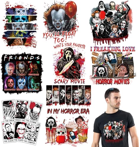 9 Bögen Halloween-Bügelbilder für T-Shirts, Halloween-Wärmetransfer-Vinyl, Horror-Film, zum Aufbügeln, Aufkleber, Halloween, zum Aufbügeln für T-Shirt, Kleidung, DIY von BANBBUR