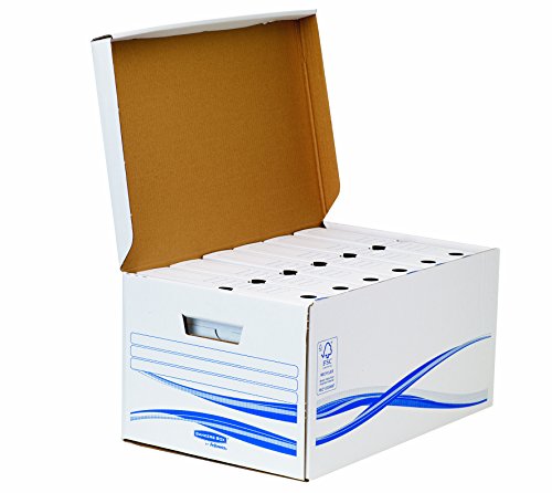 BANKERS BOX Set aus 1 Klappdeckelbox Maxi mit 6 Stück A4/A4+ Archivschachtel 8cm Rückenbreite, Basic Serie, aus recyceltem Karton, 100% recycelbar, Farbe: weiß/blau von BANKERS BOX