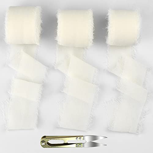 Geschenkband Schleifenband Chiffonband Seidenband mit Fransen Chiffon Bänder Handgemachtes Ausgefranstes für Geschenkverpackung Hochzeit Blumenstrauß Dekoration 3 Rollen (Beige) von BANTI