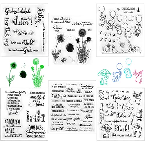 Silikonstempel Clear Stamps Sprüche Deutsch Set Geburtstag Stempel Silikon Clear Stempel Tiere und Blumen Stempelset für DIY Bullet Journal Scrapbooking Fotoalbum Stampin up(6 Blätter) von BANTI