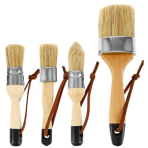 BAODBF 4 Stück Wachsbürsten Set mit einem runden Pinsel, gebürsteter Punkt, flach, oval, Naturborsten, Griff aus Holz mit Kreide von BAODBF