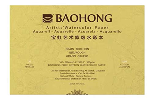 BAOHONG Aquarell-Papierblock für Künstler, 20 Blatt, auf vier Kanten geklebt), 100 % Baumwolle, säurefrei, 63,5 kg/300 g/m², Aquarell-Kunstzubehör für Nass-, Trocken- und Mischmedia-Malerei (grobe von BAOHONG