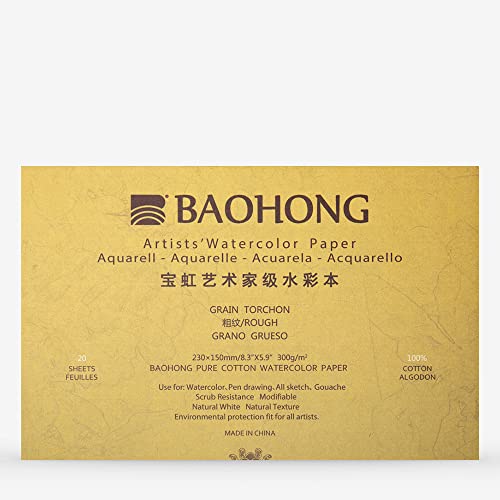 Baohong : Professionell: Aquarellpapierblock aus reiner Baumwolle, 300 g/m², 20 Blatt, 15 x 23 cm, rau von BAOHONG