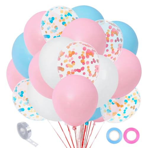 300 Stück rosa blaue und weiße Konfetti-Luftballons 30,5 cm Latex Pastell Bulk Ballon Set mit Band Bogen Girlande Kit für Geburtstag Hochzeit Braut Baby Shower Supplies Gender Reveal Party von BAOKUANHU