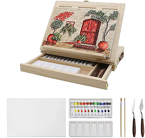 Tischplatte Staffelei Set Art Supplies zum Zeichnen und Skizzieren, tragbare Desktop Hölzerne Sketchbox Malerei Aufbewahrungsbox, verstellbarer Künstler Top Board mit Leinwand, Acrylfarbe, for Erwachs von BAOLIQ