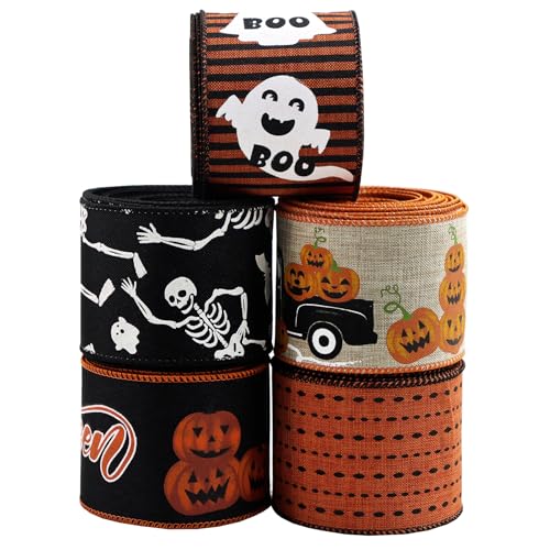 BAORJCT Halloween-Band mit Draht, 5 Rollen, orange und schwarz, Halloween-Band, 6,3 cm, insgesamt 2,5 m, gestreift, Geister/Totenkopf/LKW-Kürbis/Linie, Punktstreifen für Handwerk, Kränze, von BAORJCT