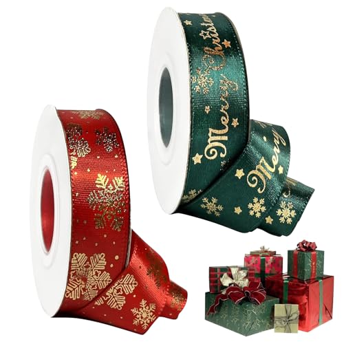 Schleifenband Weihnachten,Geschenkband Weihnachten,Weihnachtsbänder Grün Rot,Weihnachten Bänder,Weihnachtsbaum Dekoband,Satinband Stoff Band für Geschenkverpackung (Grün + Rot) von BAOSROY