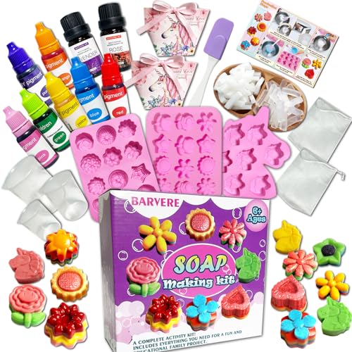 BARVERE Seife Selber Machen Kinder, 500g Seife, 19 Formen, 7 Pigment, 2 Essentielle Öle, 2 Geschenktasche und DIY-Werkzeuge, Seifen Selber Machen Set Erwachsene, Kindergeburtstag Weihnachts Geschenk von BARVERE