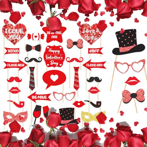 30 Stück Valentinstag Photo Booth Requisiten Happy Lovers Selfie Requisiten Lustige rote Herz Lippe Brille Bart Hut Weinglas Photobooth Requisiten für Fotografie für Hochzeit Party Fotoshootings von BASEMMAHER