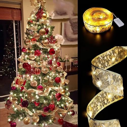 Glänzende Band Lichterkette, Weihnachtsband Lichter, Weihnachtsbaum LED Lichterkette, 5m 50 LED Weihnachtsbaum Band Lichter, Weihnachtsbaum Deko Lichter, Deko Hochzeit, Urlaubsdeko (Golden) von BASTOUR