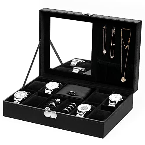 BASTUO Herren-Schmuckschatulle, schwarz, 8 Fächer, Uhren-Schmuckschatulle für Herren, Schmuck-Organizer-Box mit Halskettenaufbewahrung, Geschenk für Männer, Frauen, Teenager von BASTUO