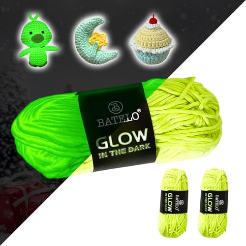 BATELO 2 Rollen, leuchtet im Dunkeln, leuchtendes Häkelgarn aus Polyester, für Halloween, Party, Geisterkürbis-Puppe, insgesamt 100 g, 106 m, fluoreszierendes gelbes Garn von BATELO