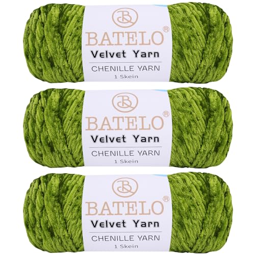 BATELO 3 Knäuel Samtgarn, weiches Chenille-Deckengarn, flauschiges Garn zum Häkeln, Stricken, Decken/Puppen/Teppich, 600 g, 870 m, Avocadogrünes Garn von BATELO